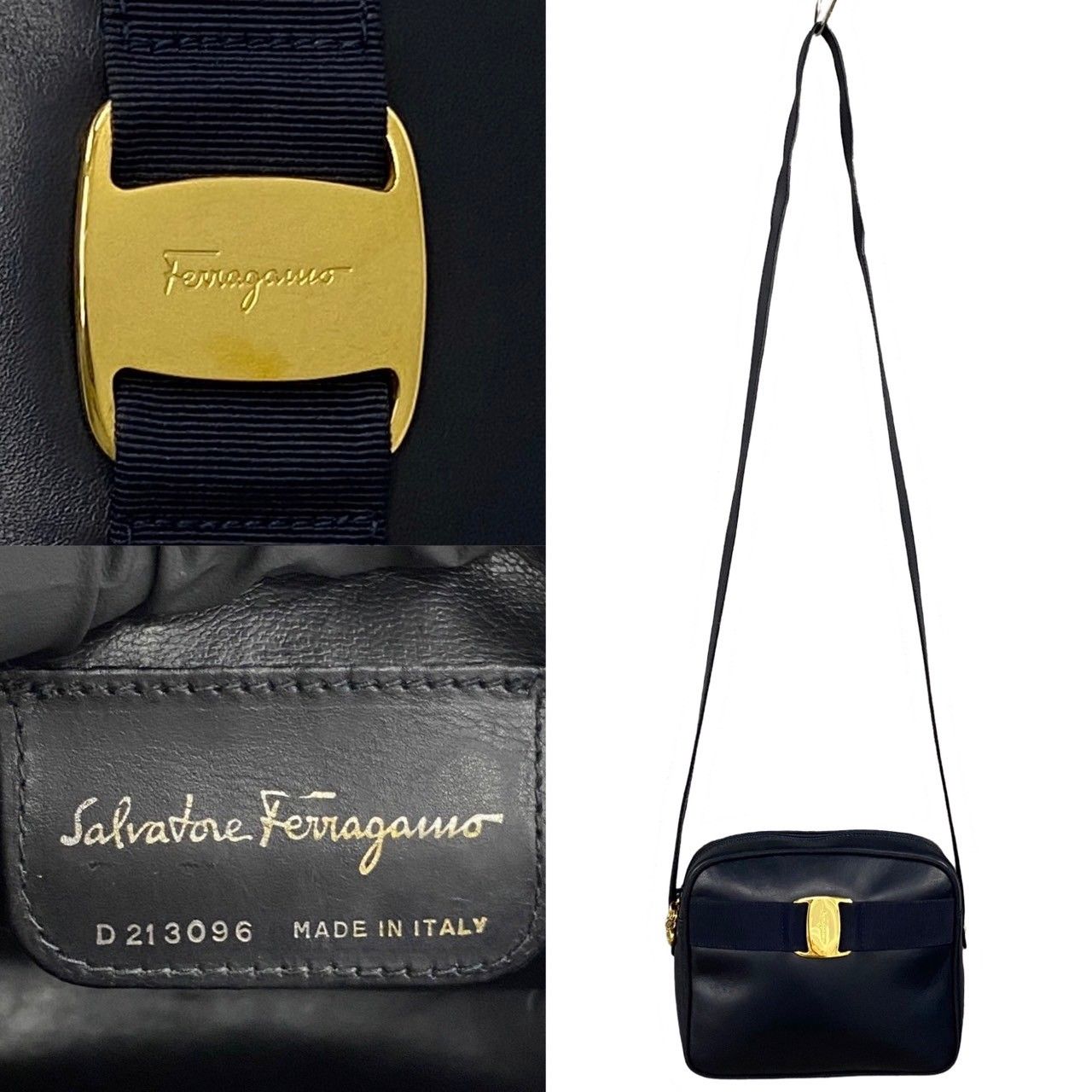 極 美品 Salvatore Ferragamo サルヴァトーレフェラガモ ヴァラリボン 金具 レザー 本革 ショルダーバッグ ポシェット ネイビー  38878 - メルカリ