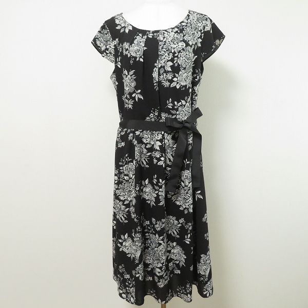 snc ローラアシュレイ LAURAASHLEY ワンピース 13 黒 グレー 白 キャップスリーブ 花柄 リボン紐付き 大きいサイズ レディース 897955