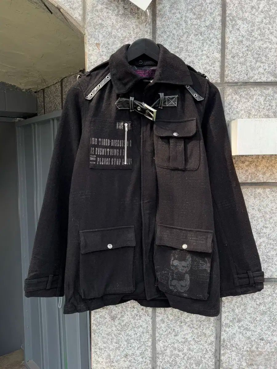 H Anachy バックル ディテール スカル レタリング パンク ジャケット