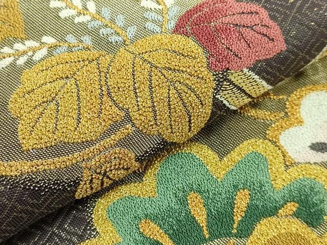 平和屋本店■極上 俵屋 人間国宝 喜多川平朗  有職織物 中国三大刺繍 相良刺繍 総刺繍 六通柄袋帯 雪持ち笹 格天井花文  逸品 DZAA6076kh5 平和屋本店□極上 俵屋 人間国宝 喜多川平朗 有職織物 中国三大刺繍