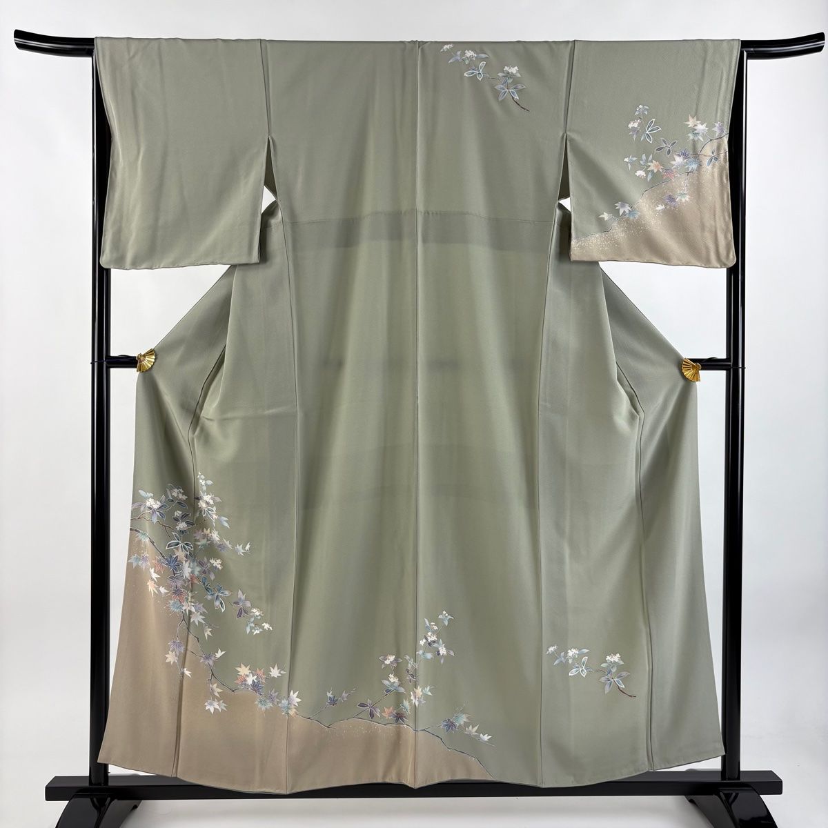 訪問着 身丈158cm 裄丈65cm M 袷 枝花 灰緑 正絹 秀品