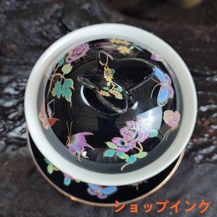 未使用品 蝶恋花三才蓋碗 中国茶器 景徳鎮盖付き茶器 飲茶食器
