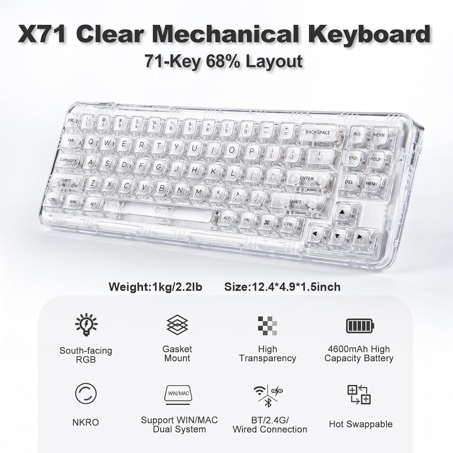 YUNZII X71 メカニカルゲーミングキーボード 透明キーキャップ