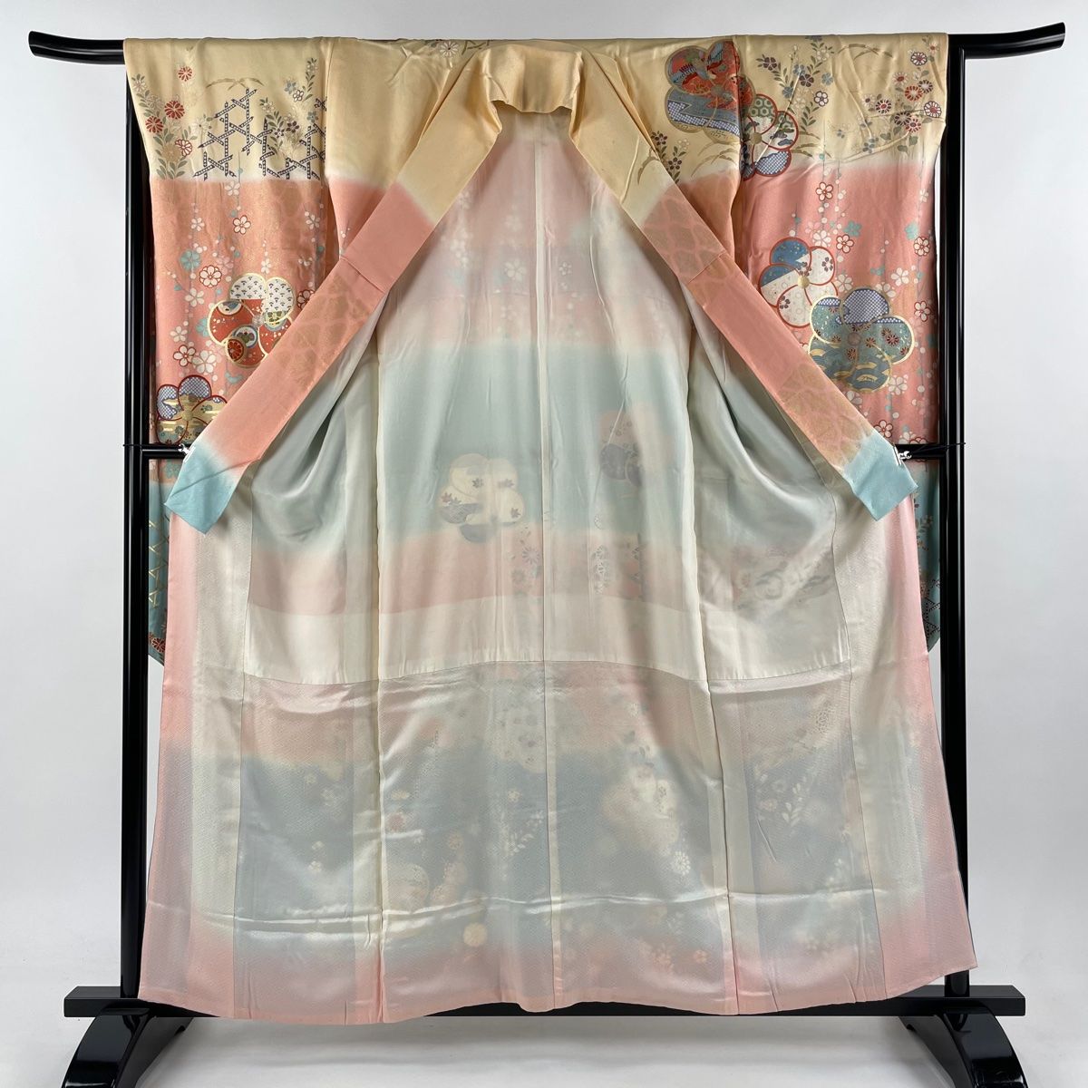 振袖 身丈157.5cm 裄丈65.5cm M 袷 ねじ梅 花鳥 金糸 金彩 水色 正絹  