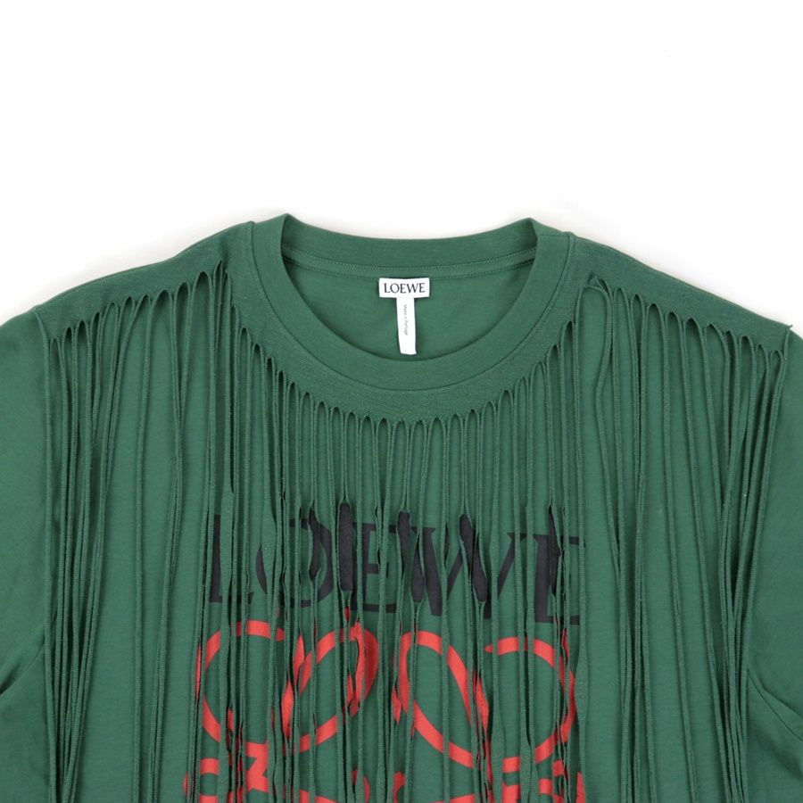 LOEWE フリンジ付きグリーンTシャツ ロエベ アナグラムプリント フリンジ 半袖Tシャツ メンズ 緑 M