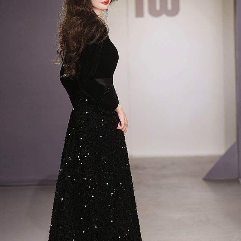 上品ブラック ロングドレス Vネック パーティー 発表会 Vネックキレイめ ファッション パーティードレス ロングドレス