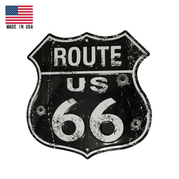 エンボス メタルサイン ROUTE US 66 ルート66 弾痕 バレットホール ビンテージ調 ブラック 看板 29.5cm×29cm