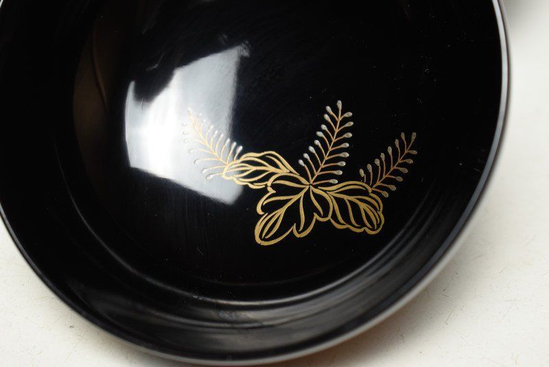 蔵A2668c】輪島 慶塚作 黒蝋色菊桐蒔絵吸物椀 汁椀 五客 共箱 茶