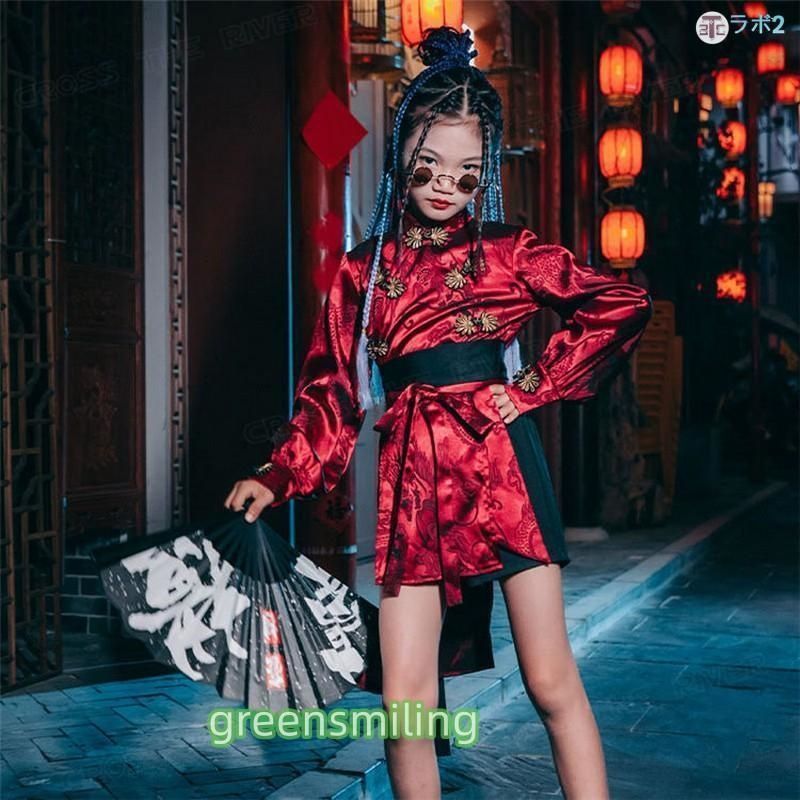 中華風 チャイナドレス 赤 キッズダンス衣装 セットアップ ヒップホップ 旗袍 赤 短パンツ ダンス 衣装 民族風 カッコイイ 子供服 演出服