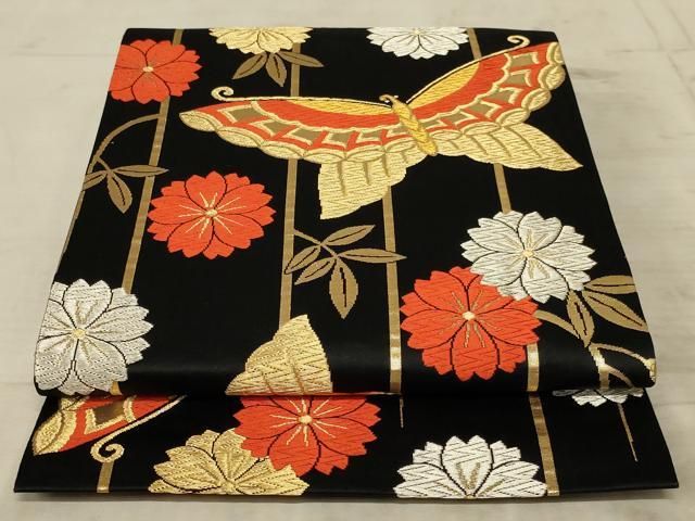 ゆゆ【アンティーク】刺繍の蝶々模様◆正絹◆九寸◆なごや帯 ゆゆ【アンティーク】刺繍の蝶々模様◇正絹◇九寸◇なごや帯