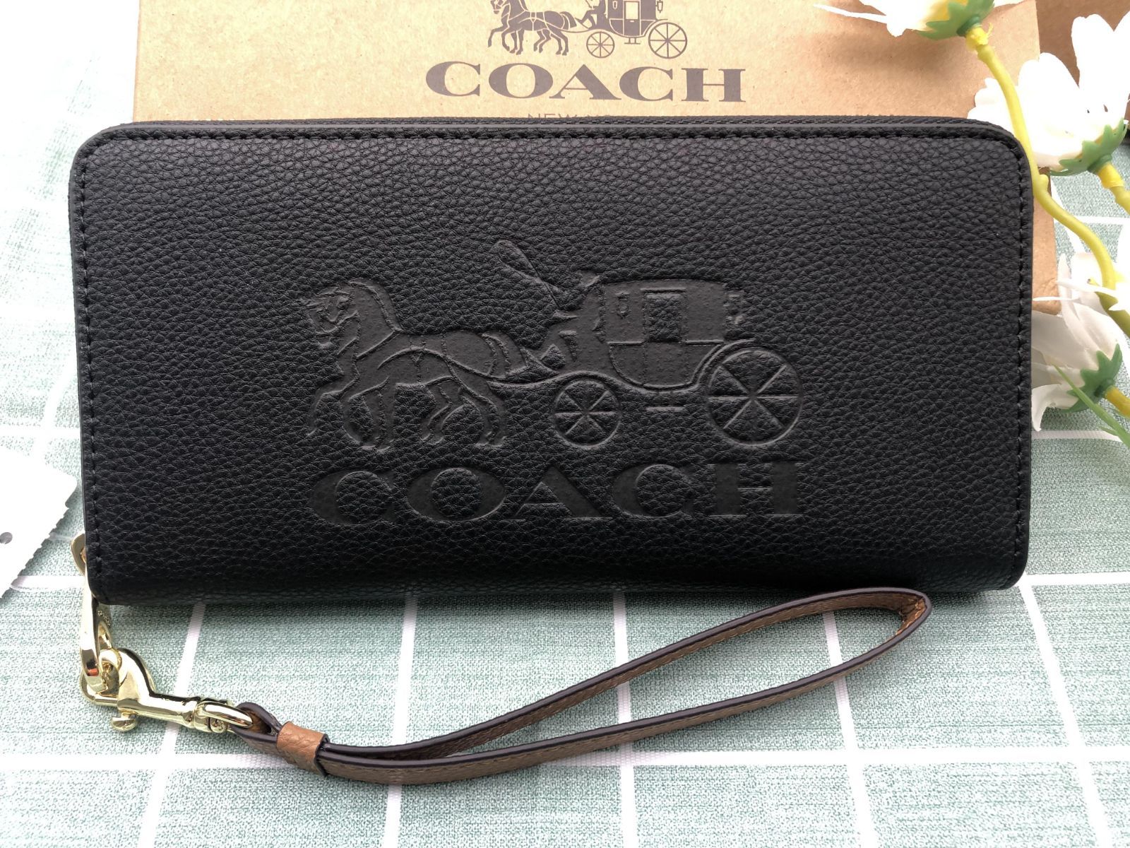 COACH コーチ財布 長財布  ブラック クーポン配布 馬車  ギフト プレゼント 小銭入れあり ストラップ付き 新品 未使用 ロゴ シグネチャー レザー  スリム ウォレット ブランド CC125