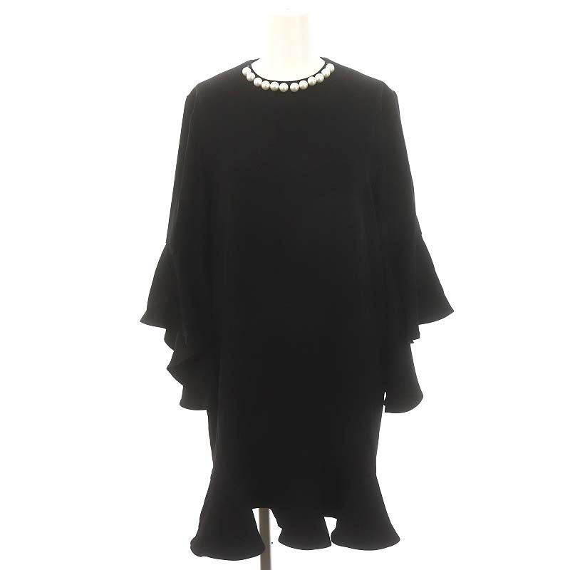 ヨーコチャン黒のパール装飾付きひざ丈ワンピース40 ヨーコチャン YOKO CHAN フェイクパール装飾ワンピース ひざ丈 七分袖