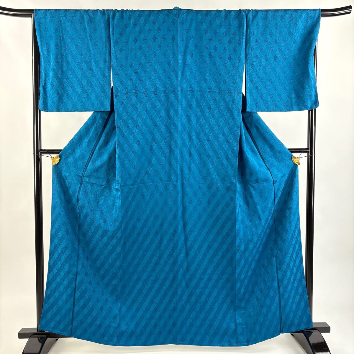 色無地 身丈163.5cm 裄丈66.5cm M 単衣 地紋 青緑 正絹 秀品