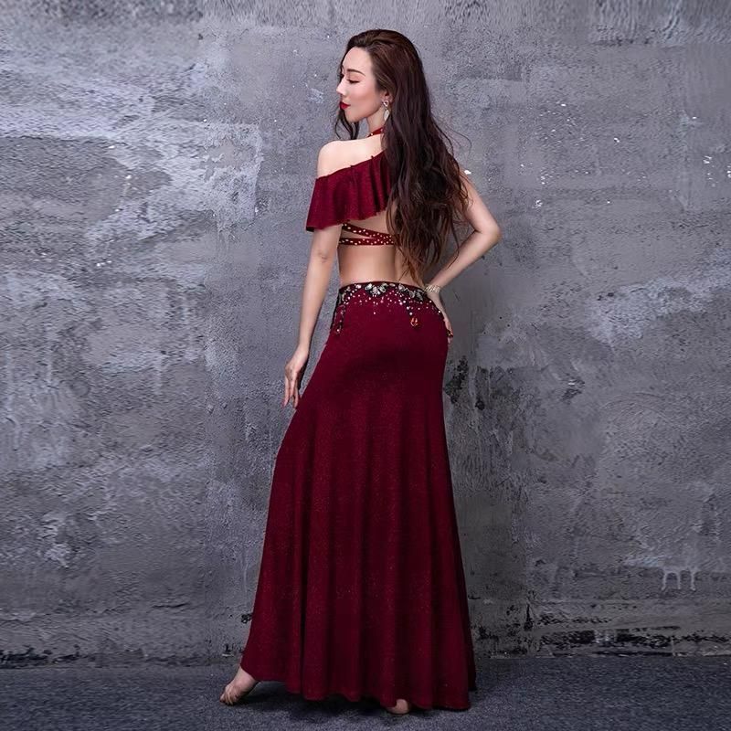 ♥ ビジューダイヤモンド ブラ付きロングドレス セクシーなベリーダンス ステージ衣装 セット ワインレッド