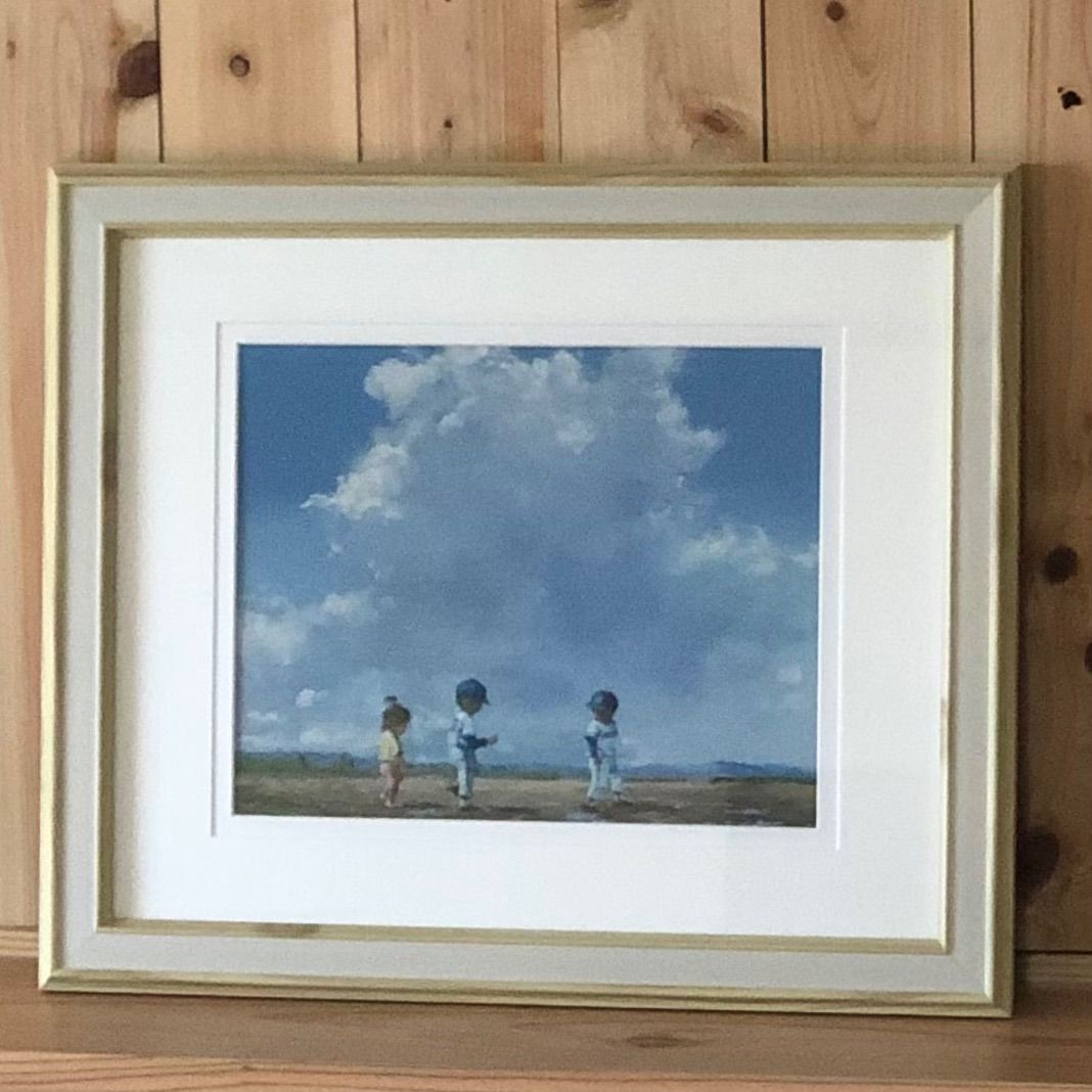 14 櫻井幸雄 複製画 出番のないベンチ 雨上がりの球場 額装付