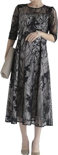 アウニイ パーティ ワンピース ドレス レディース 結婚式およばれワンピース レース 刺繍 五分袖 パーティードレス お呼ばれ エンブロイダリー チュールドレス わんぴーす 春 夏 謝恩会 披露宴 二次会 発表会 321155 ブラック S