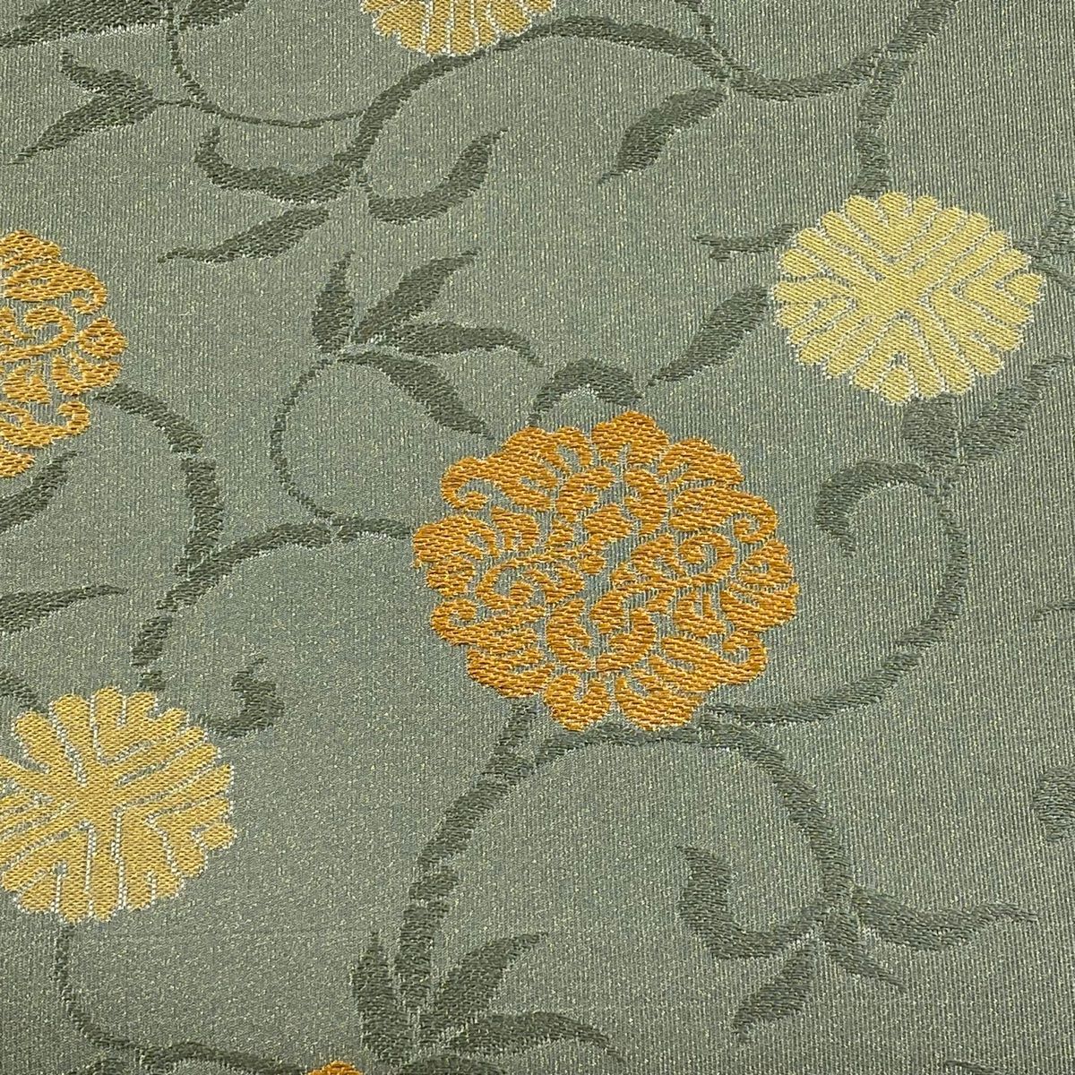 名古屋帯 秀品 八寸名古屋 花唐草 金糸 灰緑 正絹