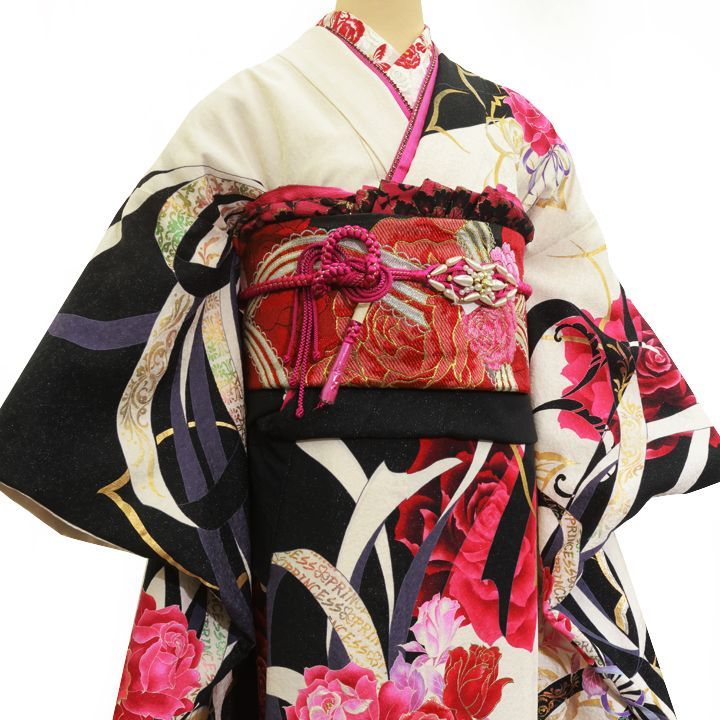 振袖セット 美品 Sサイズ 白×黒×ピンク バラ リボン かわいい 華やか 