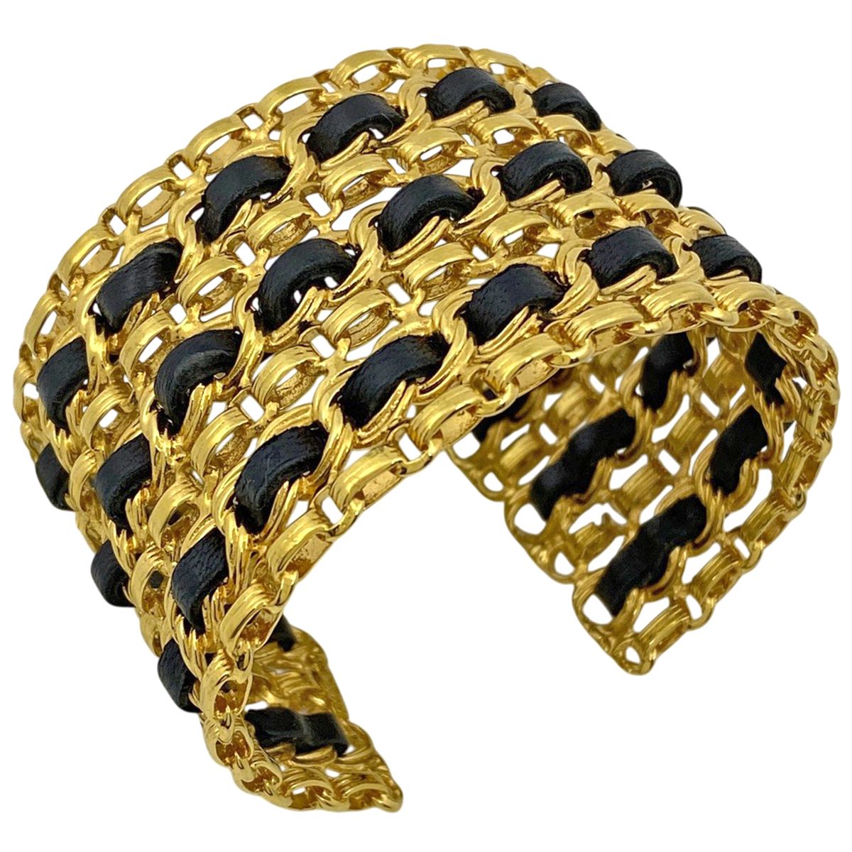 シャネル CHANEL デザイン バングル 腕輪 バングル GP レザー ゴールド ブラック レディース