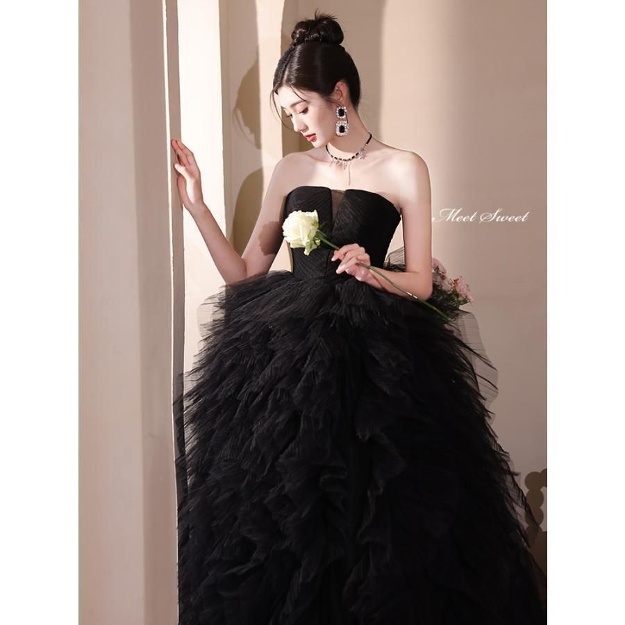 プリンセスライン ブラック 黒 フリル ベアトップ ロングドレス ウェディングドレス ウエディングドレス 結婚式 二次会 花嫁