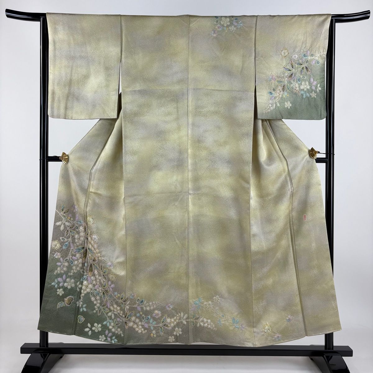 訪問着 身丈154cm 裄丈61.5cm S 袷 落款あり 辻が花 銀通し ぼかし 灰緑 正絹 名品
