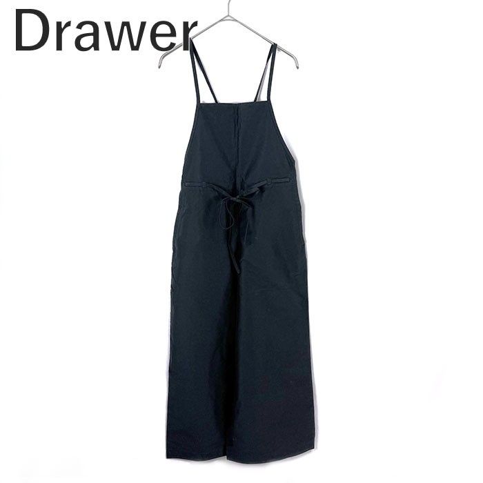 ドゥロワー Drawer コットンシルクタフタサロペット ワイド 薄手 ネイビー 濃紺