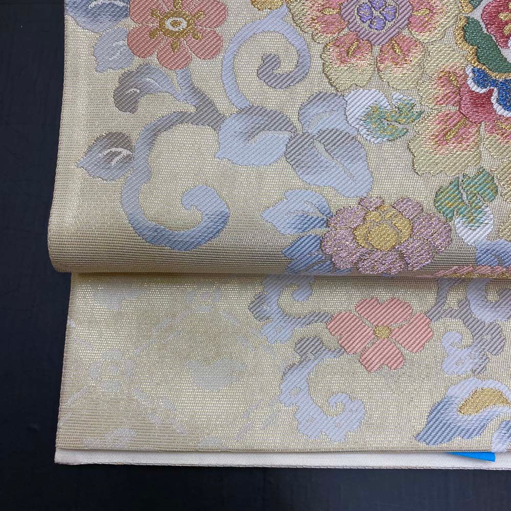 袋帯】刺繍 白 六通柄袋帯 色無地 訪問着 付け下げ 中古 礼装 正絹  