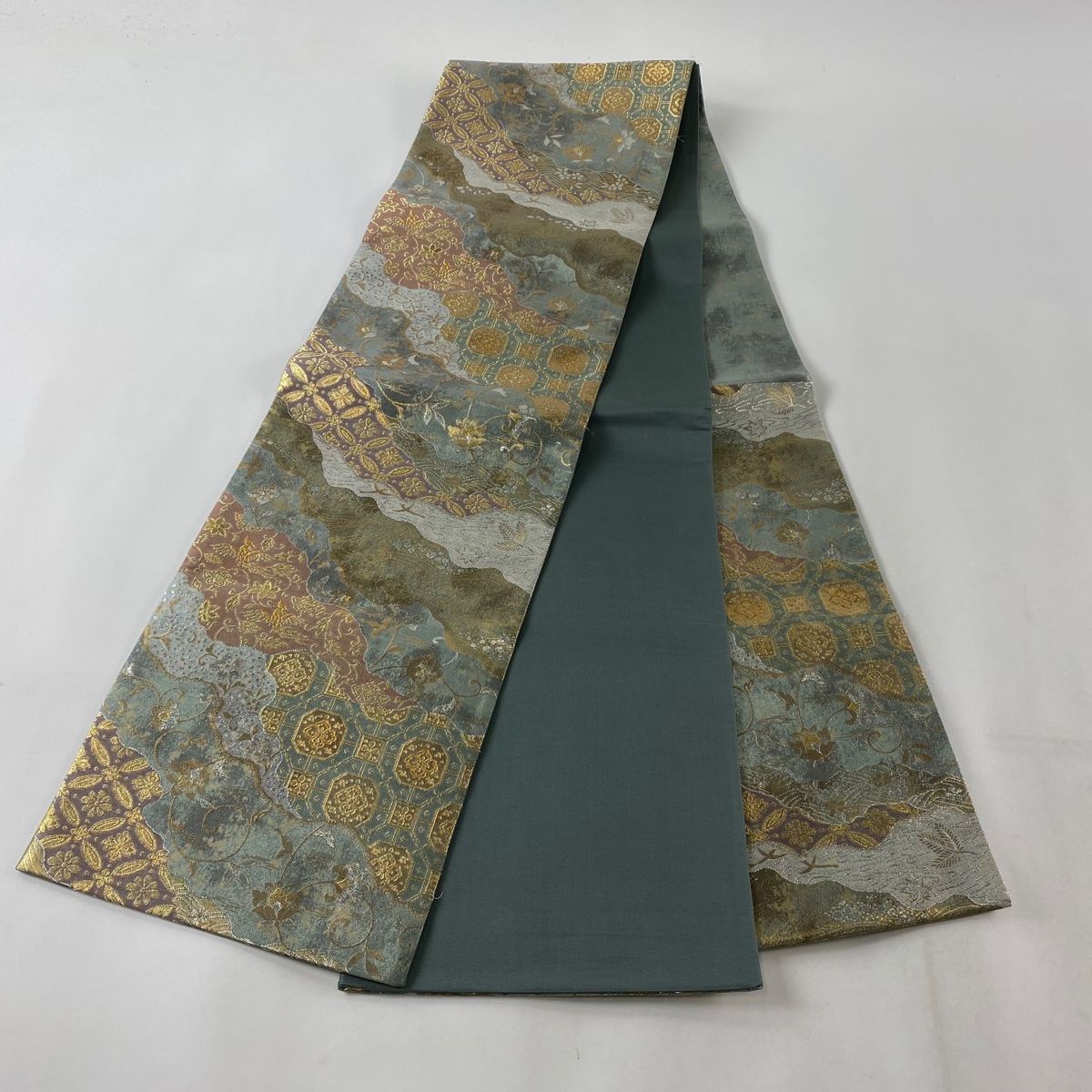 袋帯 六通 秀品 箔 美品 正絹 華文 中古 向かい鳥 金糸 唐織 鳥 薄緑 