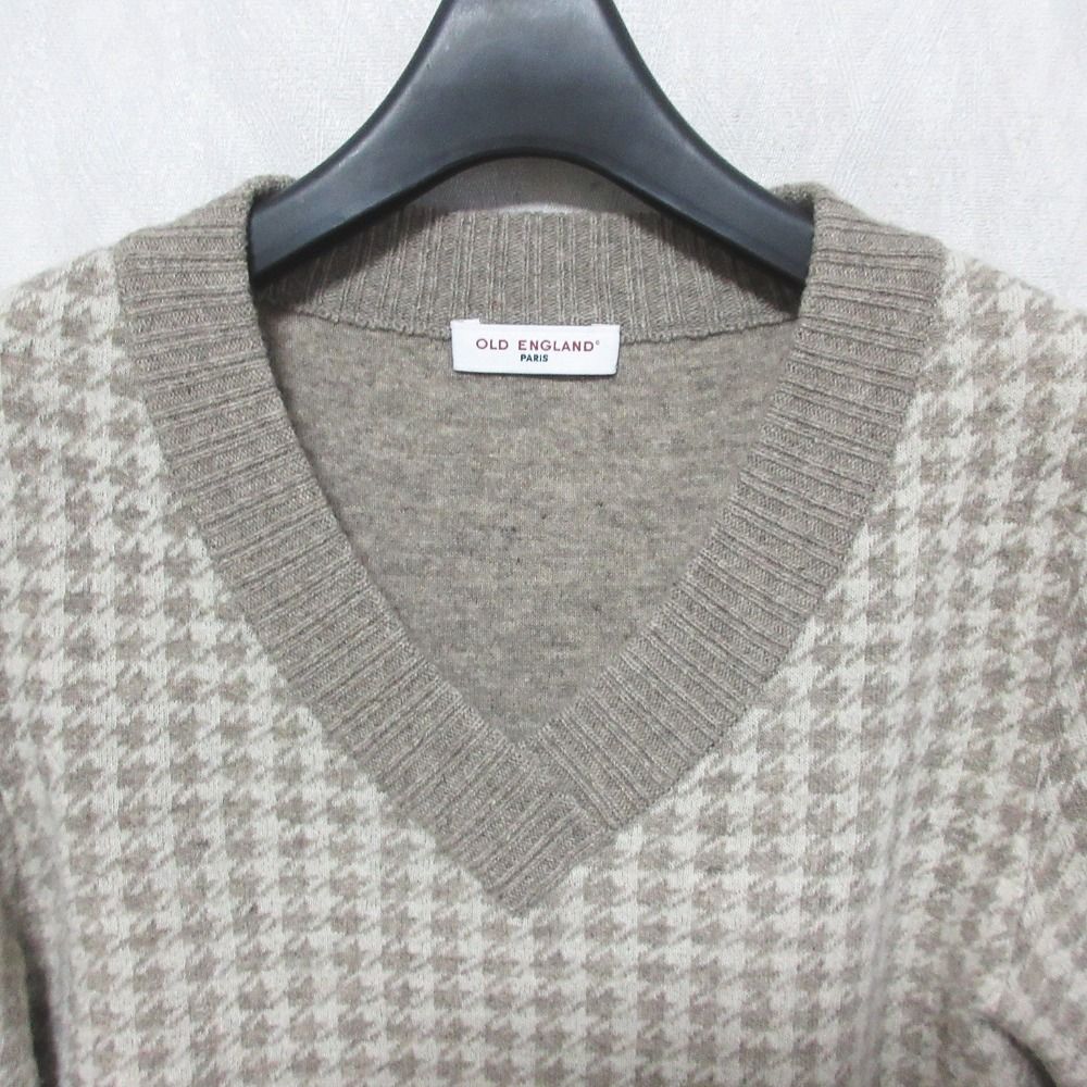 美品 OLD ENGLAND オールドイングランド カシミヤブレンド 千鳥格子柄 Vネック プルオーバー ニット セーター 36 ベージュ レディース 古着 中古 美品 OLD ENGLAND オールドイングランド カシミヤブレンド 千鳥