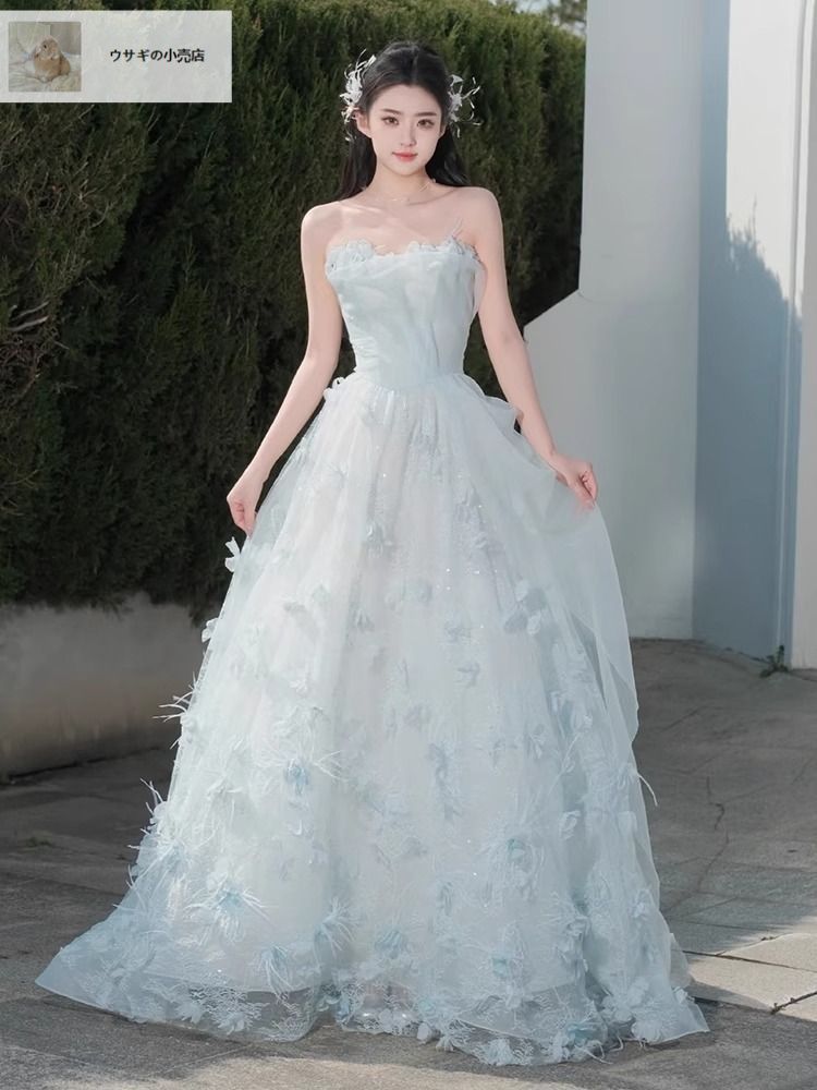 記念品 ブルーフラワーイブニングドレス 感 軽奢華 ハイエンド 成人式 芸術試験 軽量ウェディングドレス 新婦 【最短翌日配送】