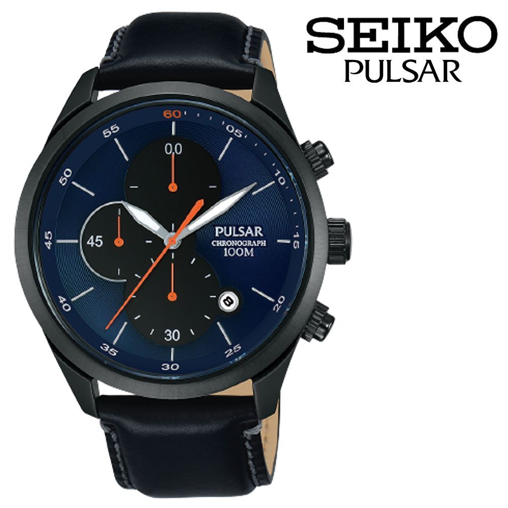 SEIKO PULSAR Chronograph Quartz Date Dark Blue Black Leather Watch 