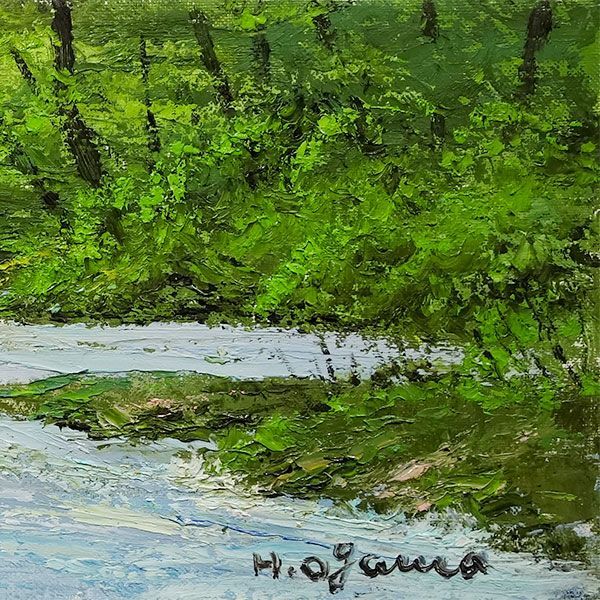 油彩画 WSM号 小川久雄 奥入瀬渓流 真筆 油絵 額入り 額装絵画 横長の絵 風景画 手描き 肉筆画 景勝地 旅行の思い出 緑 川 十和田湖 癒し ヒーリング 應美会 YE514 WWW_IBETON_RU