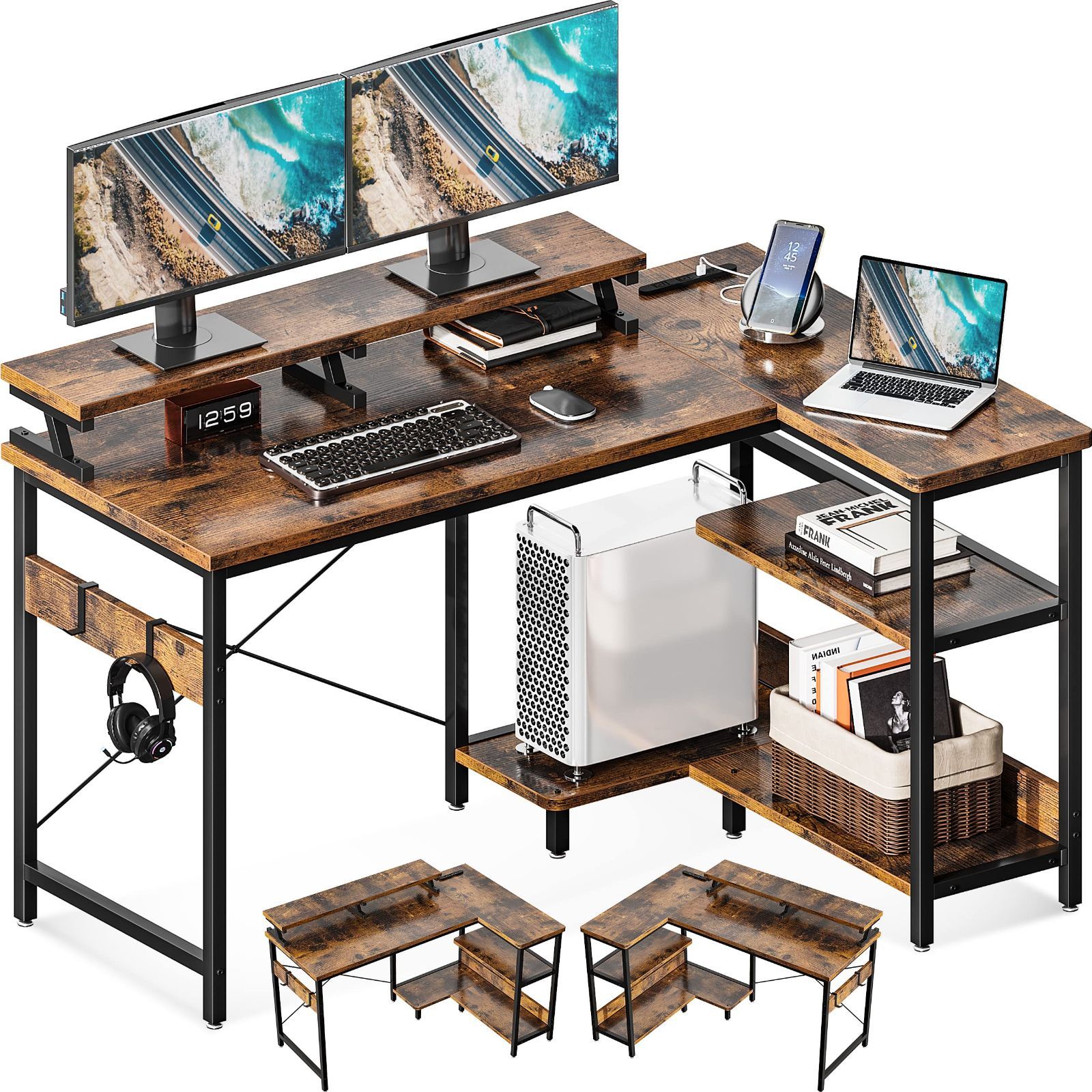 ODK l字デスク パソコンデスク L字型 ゲーミングデスク デスク 机 幅120cm コンセント付き desk PCデスク ラック付き 収納 オフィスデスク 省スペース 書斎 在宅勤務 組立簡単 ビンテージ