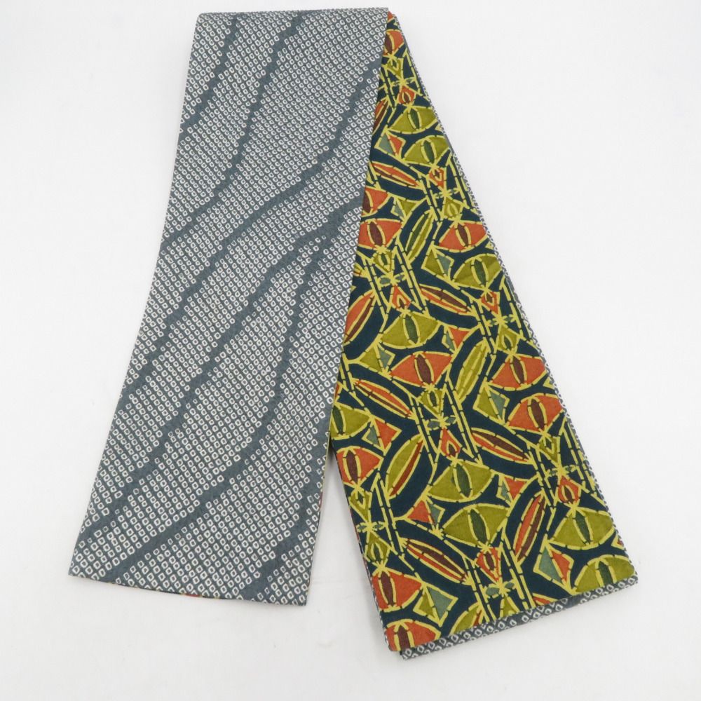 半幅帯 リバーシブル半巾帯 正絹 巾:約16×長さ:約415cm 絞り×小紋 グレーブルーｘ辛子色 鹿の子ｘ幾何学模様 オリジナル 仕立て上がり