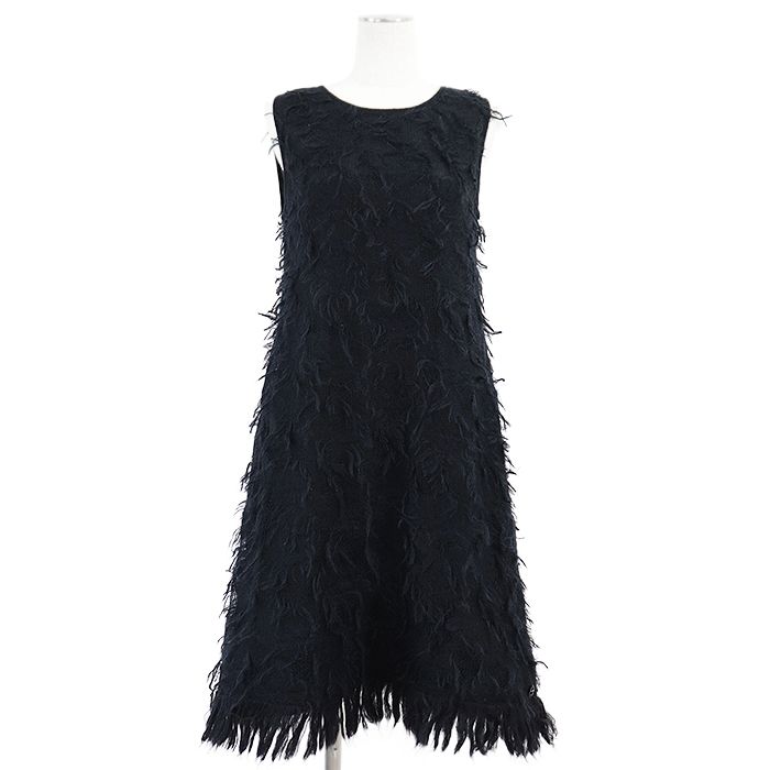 CHANEL シャネル ワンピース 09A P36107 モヘア フリンジ ノースリーブ シグネチャー ロゴ COCOマーク スター 星 リース モチーフ チャーム プルオーバー Aライン ドレス レディース サイズ 38 ダークネイビー フランス製