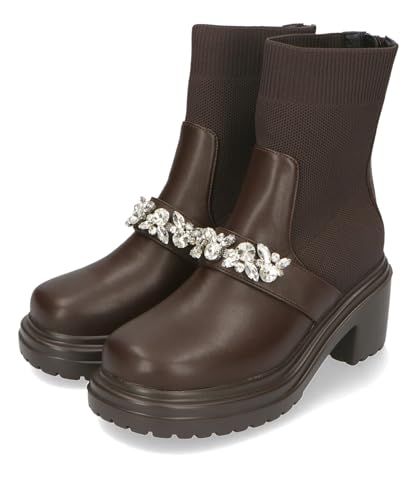 オリエンタルトラフィック ファッションブーツ ブーツ ショートブーツ レディース スクエアトゥ ニットブーツ ビジュー ストレッチ素材 厚底 スタイルアップ BROWN