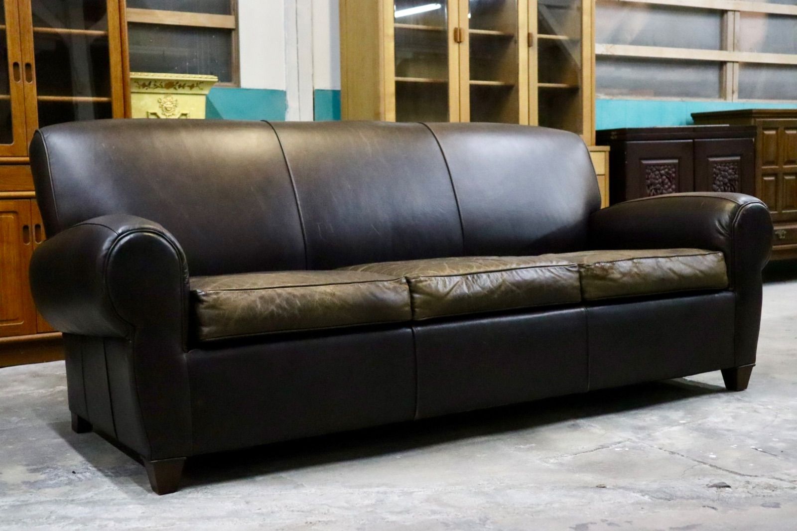 GMIK558 Pottery Barn ポッタリーバーン 3人掛けソファ トリプルソファ 長椅子 本革 ダークブラウン アメリカ ヴィンテージ