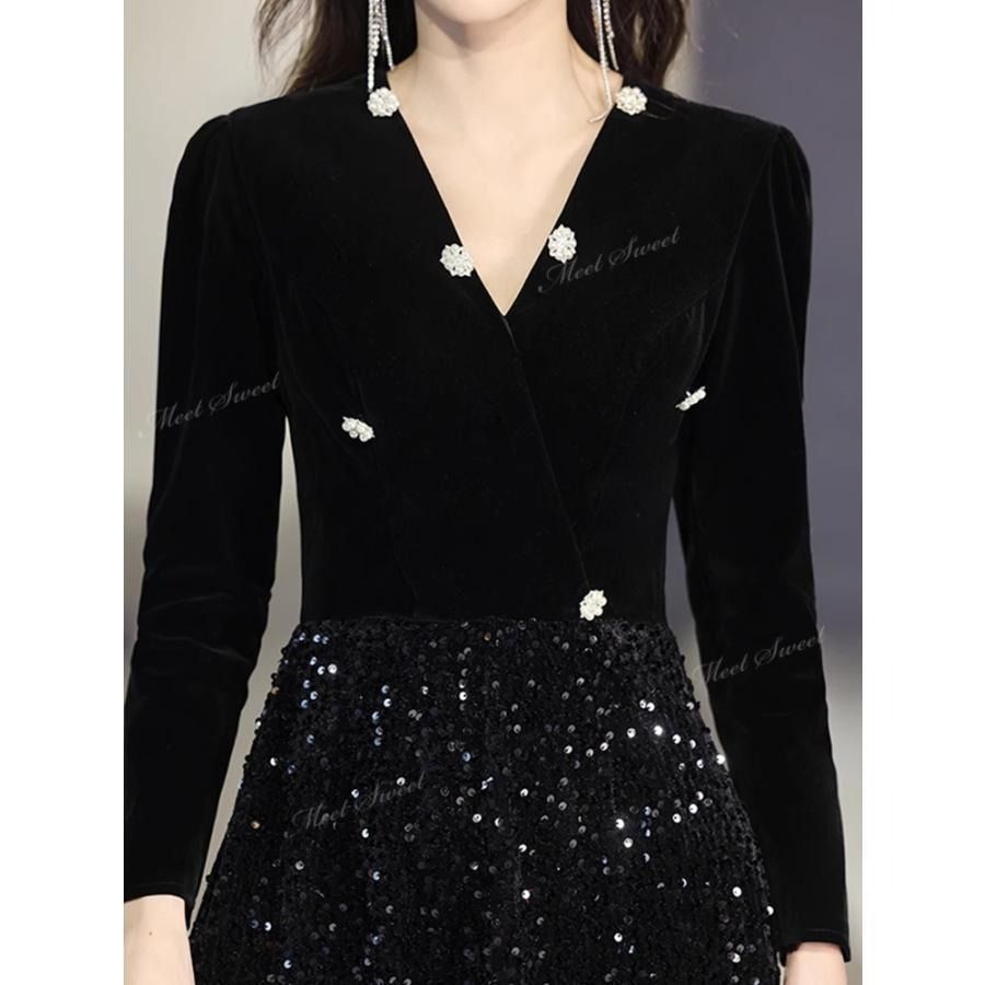 ブラック 長袖 スパンコール キラキラ 秋冬 コンクール 結婚式 演奏会 二次会母親 フォーマル パーティードレス