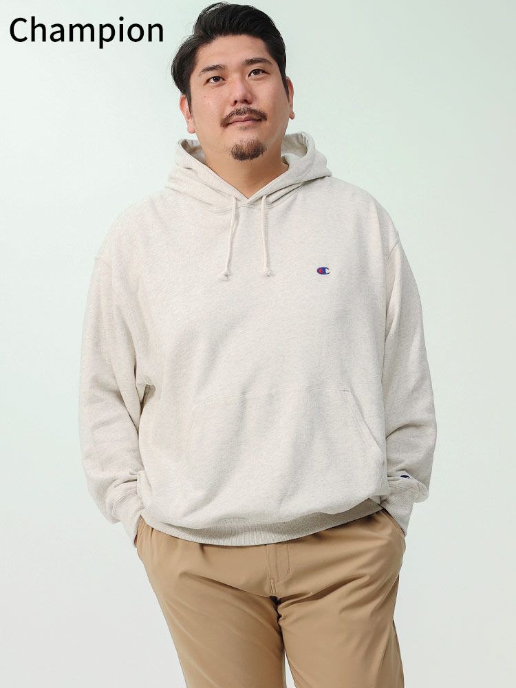 パーカー 大きいサイズ メンズ USAコットン ワンポイント プルオーバー スウェット プルパーカー フード Champion オートミール