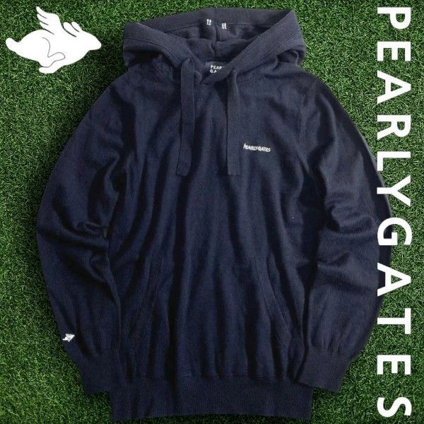 パーリーゲイツ ゴルフ ESSENTIAL SERIES カシミヤ混 ポイント刺繍 薄手 無地 長袖 ニット セーター フーディ プルオーバー ゴルフウェア レディース 055-2970054 定価4.9万 ダークネイビー ▲055 51021w01