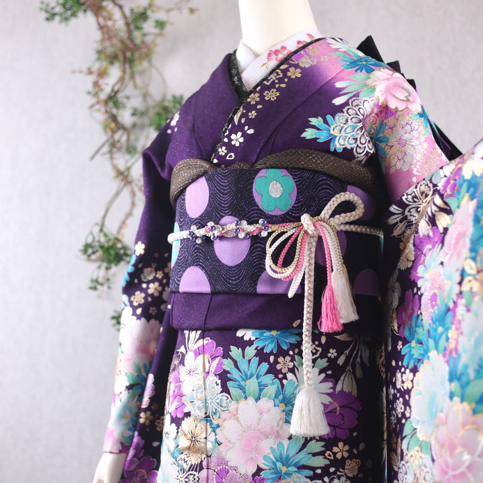 振袖フルセット 振袖セット 振袖 M～Lサイズ 中古 紫×桜 美品 成人式 