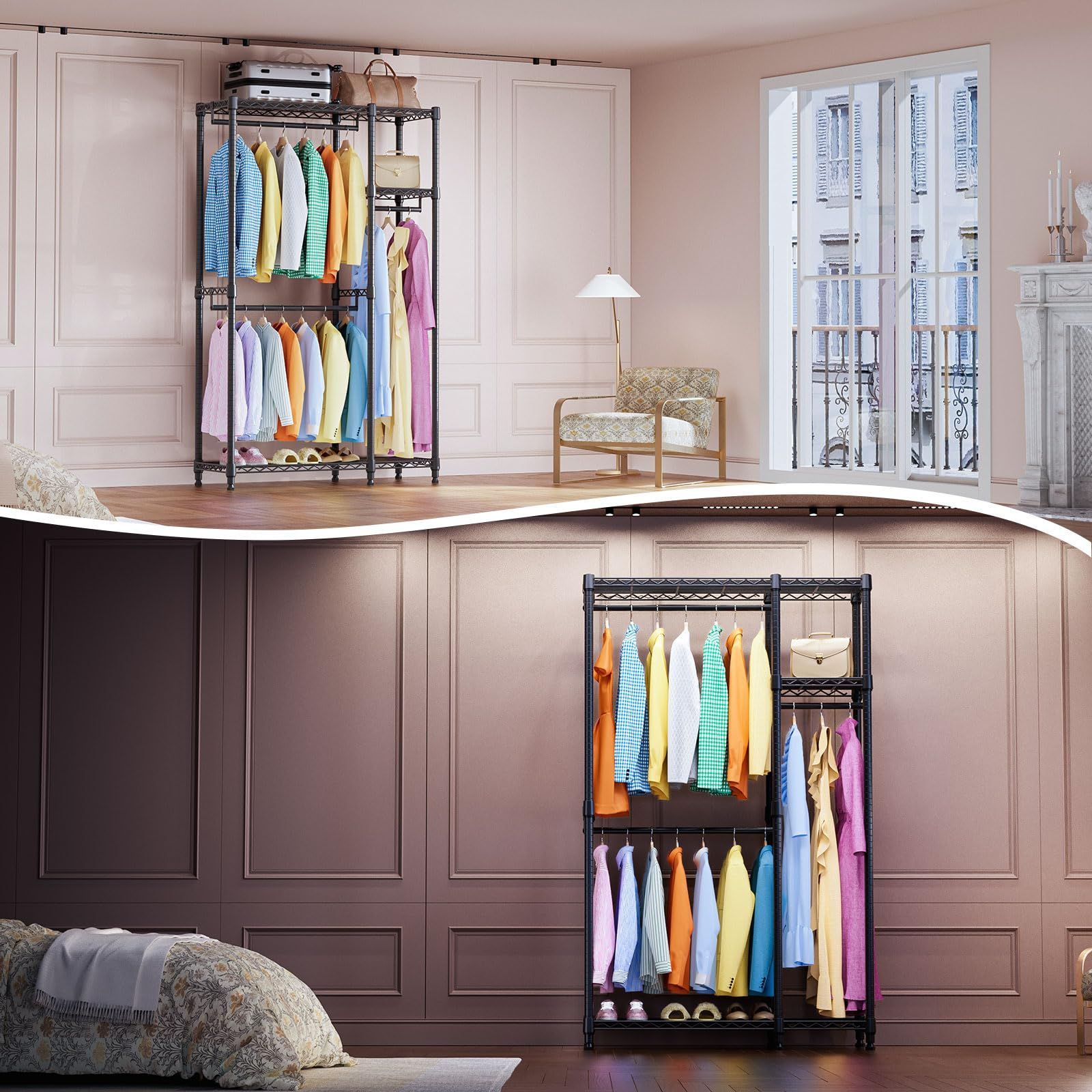 人気商品】IZEUK ハンガーラック スリム 棚付き 2つの組み合わせ 耐久  