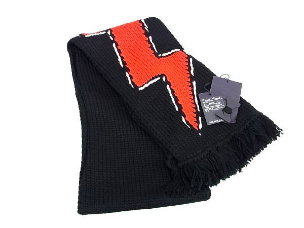 PRADA プラダ UMS342 ウール100％ フリンジ マフラー メンズ レディース ブラック系×レッド系 AT3327