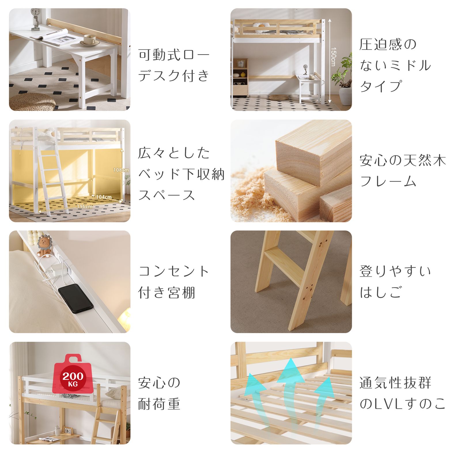 ロフトベッド シングル コンセント付き はしご ミドルタイプ 高さ150cm ロフトベッド シングル コンセント付き ミドルタイプ 高さ150cm