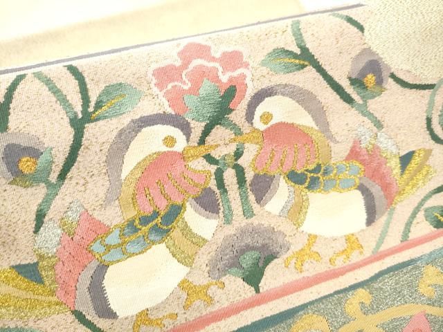 平和屋着物●爪掻き本綴れ　八寸名古屋帯　孔雀枝花文　飴色　金糸　正絹　逸品　CAAX1526hy 平和屋着物○爪掻き本綴れ 八寸名古屋帯 孔雀枝花文