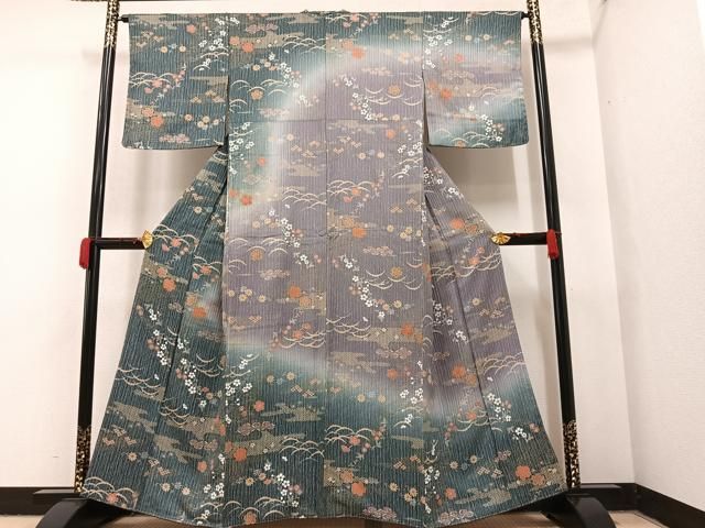 平和屋着物▽訪問着 単衣 紬地 総刺繍 人物文 大丸扱い