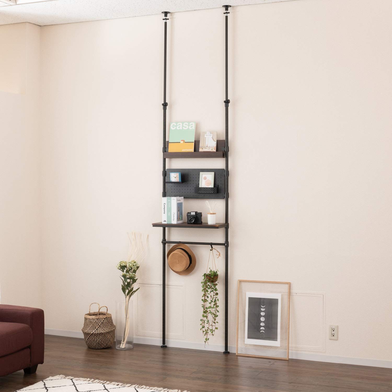 木製棚板 壁を傷つけない 穴あけ不要 スリム S字フック付き 有孔ボード 段差対応 黒 簡単取付 ウォールラック 壁面収納 ブラック 幅60 棚 つっぱり 全体耐荷重25kg ラック 突っ張り ノワール NO60-T ルミナス ドウシシャ