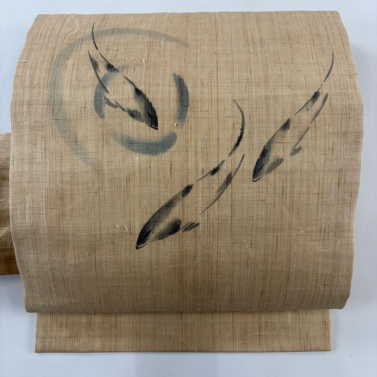 名古屋帯 名品 墨彩画染 魚 ベージュ 麻 【】