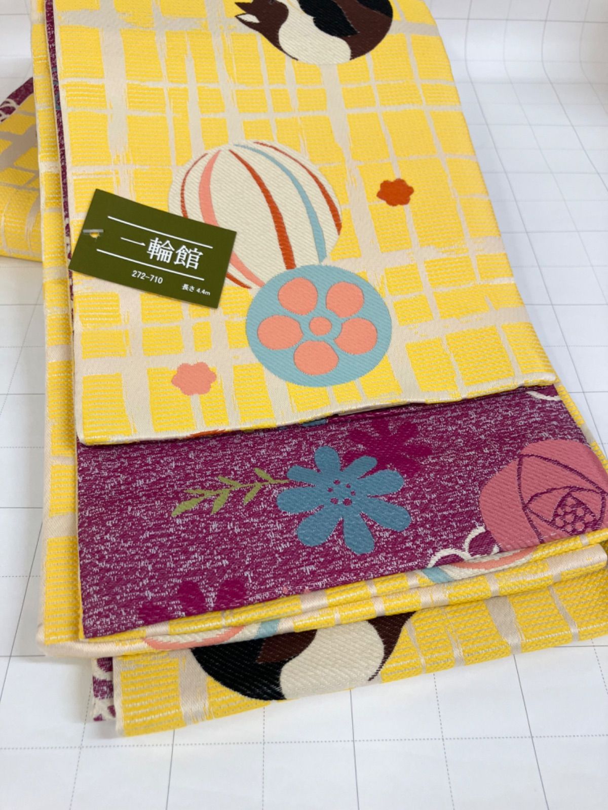 ≪花ラブリ≫HO 731 YE 長尺半巾帯 猫 ねこ 鞠 まり 玉 花 リバーシブル 薔薇 黄色 イエロー 濃紫 むらさき パープル 花火大会 縁日 お祭り 夏祭り ハロウィーン 和装 和服