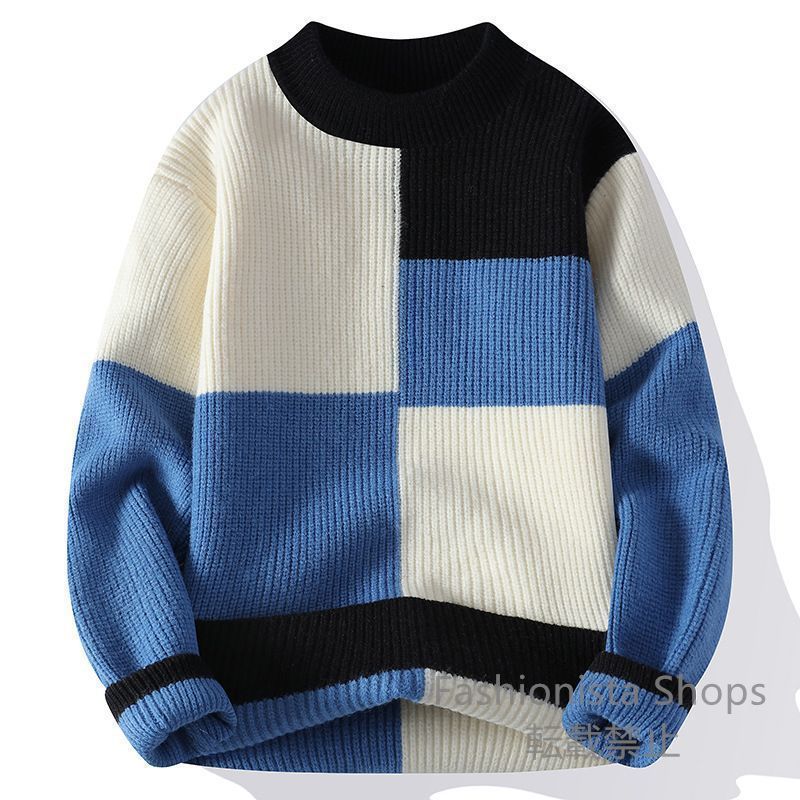 【新品未使用】メンズ カシミヤウール混 プルオーバー 感 配色 ニットセーター ラウンドネック トップス 秋冬 長袖 おしゃれ 黒と青 イエローグレー M~3XL お色選択可 lkscp21